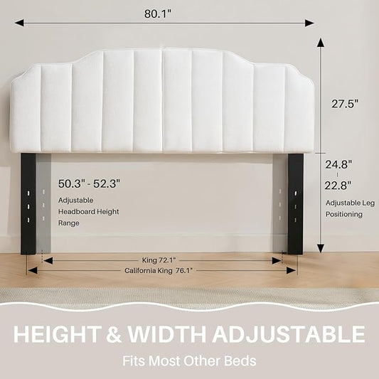 King Size Headboard, White Upholstered Headboard Adjustable Height&Width Velvet Headboards Modern Vertical Channel Design Bed Head Board, White