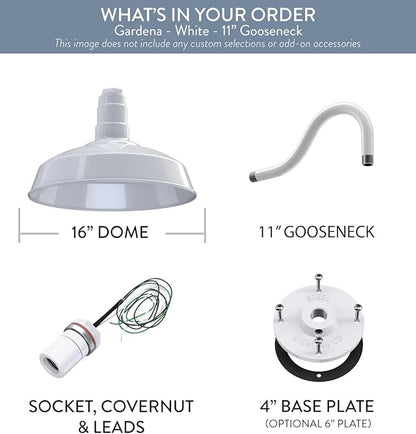 Steel Lighting Co. Gardena Barn Light | Outdoor Wall Mounted | 16" Dome | 11" Gooseneck | Farmhouse Light Made in America | White Exterior/White Interior