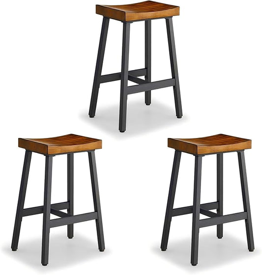 OUllUO Bar Stools Set of 3, Backless Saddle Barstools, 25" Counter Height Bar Stools, Solid Wood Counter Stools with Metal Frame, 521P-BBWD3