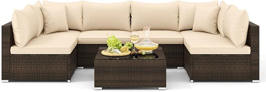 Tangkula 7 Pieces Patio Rattan Furniture Set, Patiojoy Outdoor Conversation Set with Cushions and Tempered Glass Coffee Table, All-Weather Sectional Sofa Set for Garden, Lawn, Backyard