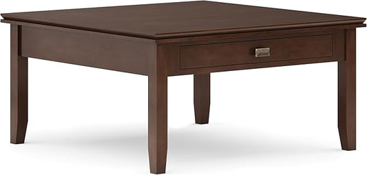 SIMPLIHOME Artisan Square Coffee Table - 36 inch Wide Solid Wood Transitional Cocktail Table in Russet Brown, Classic Living Room Table with Slatted Open Shelf and Contemporary Framed Top Design
