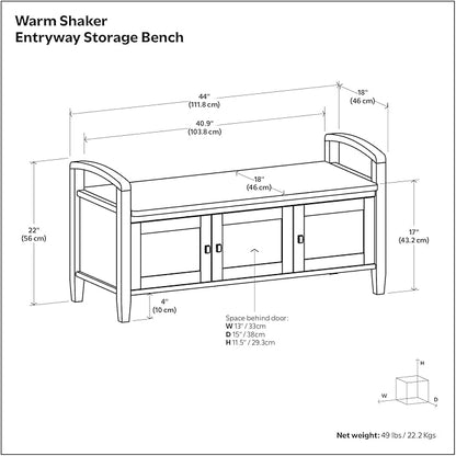 SIMPLIHOME Warm Shaker Entryway Storage Bench - 44 inch Wide Solid Wood Storage Seat in Light Golden Brown, Transitional Bench Seat for Mudroom or Living Room with Lift-Up Lid and Shaker-Style Panels