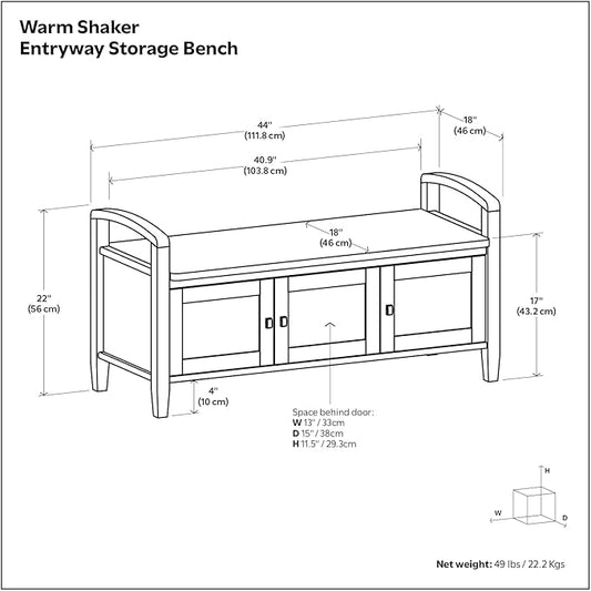 SIMPLIHOME Warm Shaker Entryway Storage Bench - 44 inch Wide Solid Wood Storage Seat in Light Golden Brown, Transitional Bench Seat for Mudroom or Living Room with Lift-Up Lid and Shaker-Style Panels