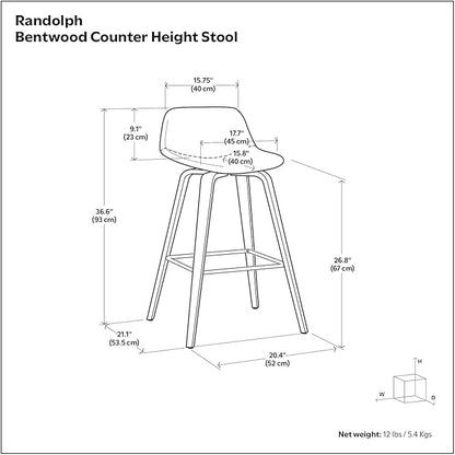 SIMPLIHOME Randolph Counter Stools (Set of 2) - 28 Inch Seat Height Upholstered Bentwood Kitchen Seats in Black Vegan Faux Leather, Mid Century Modern Seating with Curved Backrest and Chrome Footrest