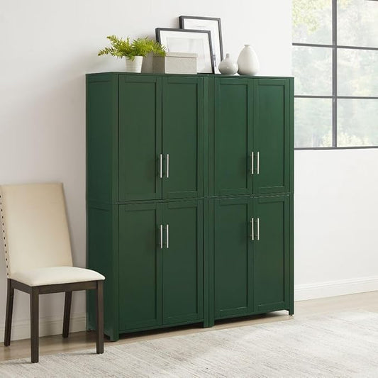 Crosley Furniture Savannah 2-Piece Pantry Storage Cabinet Set with Shelves, Kitchen, Dining, or Laundry Room, Hunter Green