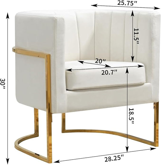 Velvet Accent Chairs Set of 2, Mid Century Modern Upholstered Barrel Armchair with Pillow for Living Room, Comfy Single Club Chair with Metal Gold Legs for Bedroom, White