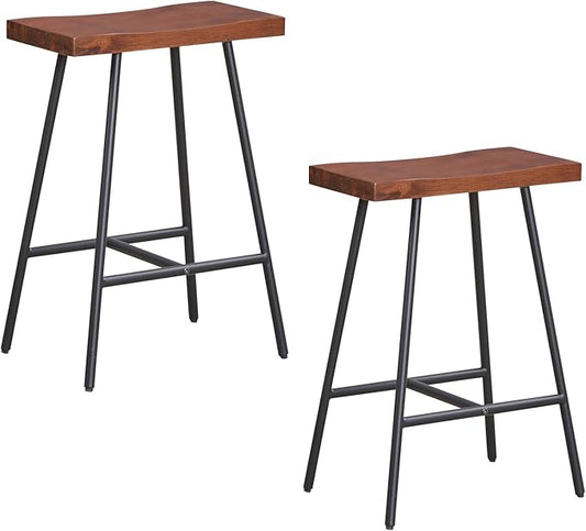 COSTWAY Industrial Bar Stools, 24-inch Backless Counter Height Saddle Stools with Footrest, Metal Legs, Adjustable Foot Pads, Barstools for Kitchen Island Cafe Restaurant, Walnut+Black (Set of 2)