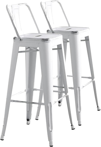 AC Pacific 30” Metal Barstool Set of 2 – Country Rustic Style with Low Back, Lightweight & Sturdy Build, Easy Assembly – Distressed White