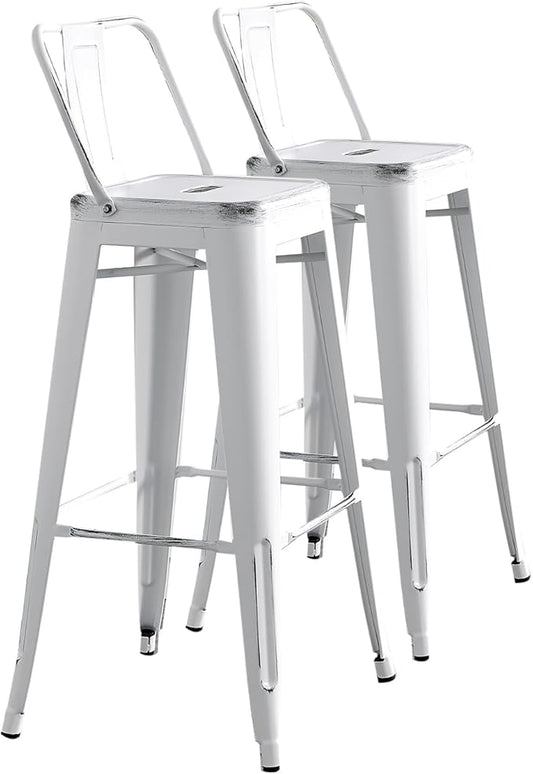 AC Pacific 30” Metal Barstool Set of 2 – Country Rustic Style with Low Back, Lightweight & Sturdy Build, Easy Assembly – Distressed White
