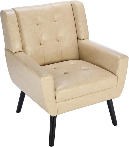 Dolonm Midcentury Modern Leather Accent Chair with Arms, Upholstered Reading Side Chair Tufted Back Decorative Wingback Chair for Living Room Bedroom (Khaki-PU)