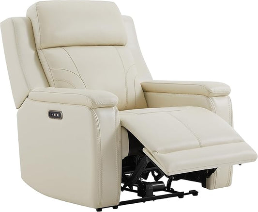 Watson & Whitely Genuine Leather Electric Recliner Chairs for Adults, Lay Flat Recliner with Power Headrest & Chargers for Living Room, Cream