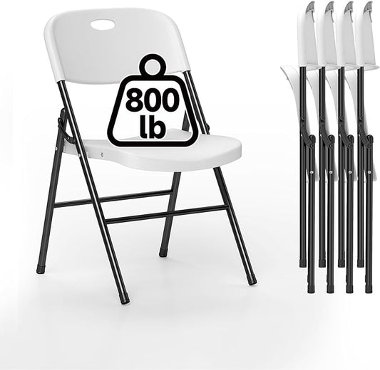 4 Pack Folding Chair, 800 Weight Limit Heavy Duty Plastic Folding Chair Portable Seating for Indoor Outdoor Events, Wedding, Party, Restaurant, Meeting Room White