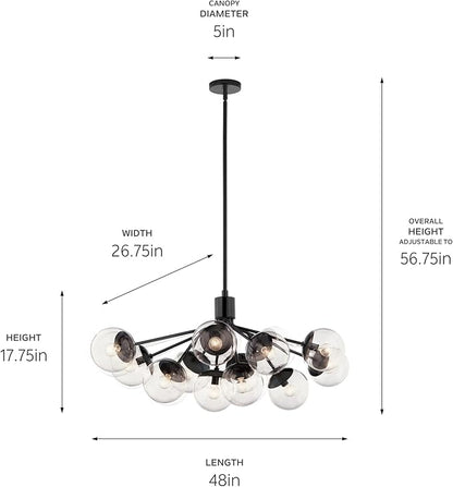 KICHLER Silvarious 12-Light Linear Convertible Chandelier, Soft Modern Light with Clear Glass in Black, for Dining Room or Living Room (17.75" x 26.75" x 48"), 52703BKCLR