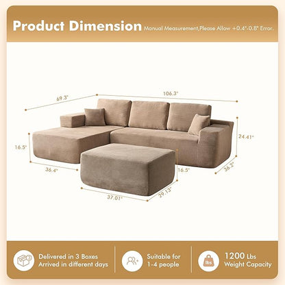 106" Cloud Sectional Couch with L-Shape Chaise & Ottoman, No Assembly Modular Sofa, Deep Seat Corduroy Boneless Couched for Living Room (Camel Stripe Corduroy, Left Facing Chaise with Ottoman)