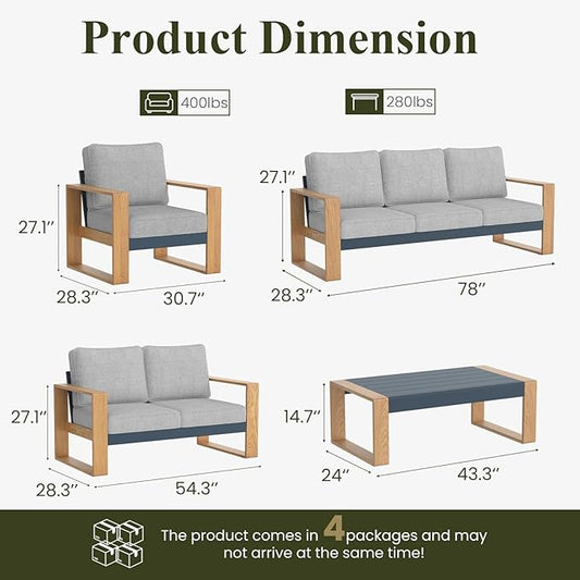 LayinSun 5 Pieces Aluminum Patio Furniture Set with Coffee Table, Oversized Seat with Hight Back, Outdoor Conversation Sets for Porch, Balcony, Deck