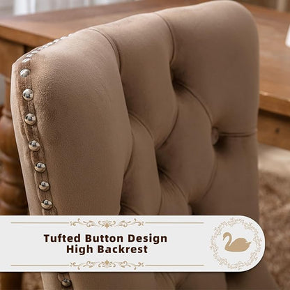 Velvet Upholstered Dining Chairs Set of 4, Modern Style Kitchen Side Chairs with Nailhead Trim and Wood Legs,Metal Pulling Ring for Dining Room Living Room