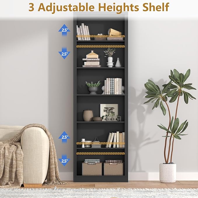 75" Tall Bookshelf & Bookcase Set of 2, 6-Tier Adjustable Storage Shelves, Book Shelf with Anti-Tipping Device, Floor Standing Modern Display Rack for Living Room, Bedroom, Office, Black