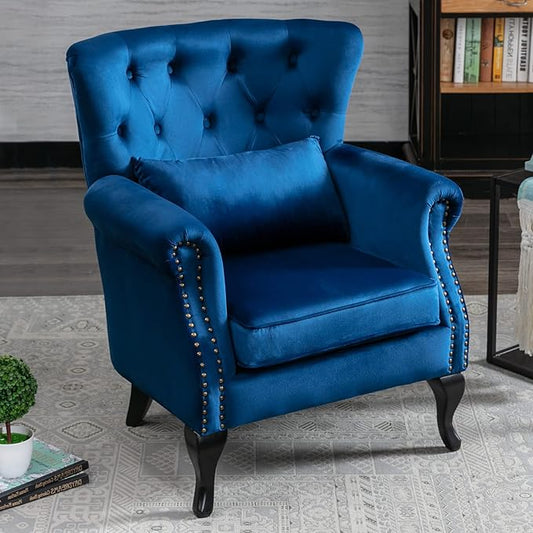 Accent Reading Arm Chairs for Living Room Bedroom, Midcentury Modern Comfy Corner Sofa Chair, Wingback Waiting Room Club Chair with Button Tufted Back &Lumbar Pillow, Velvet Blue