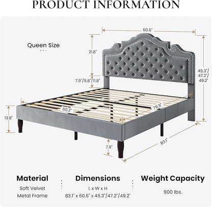 SHA CERLIN Queen Bed Frame with Adjustable Headboard/Velvet Upholstered/Diamond Button Tufted and Metal Studs/No Box Spring Needed/Wooden Slat Support/Easy Assembly/Light Grey