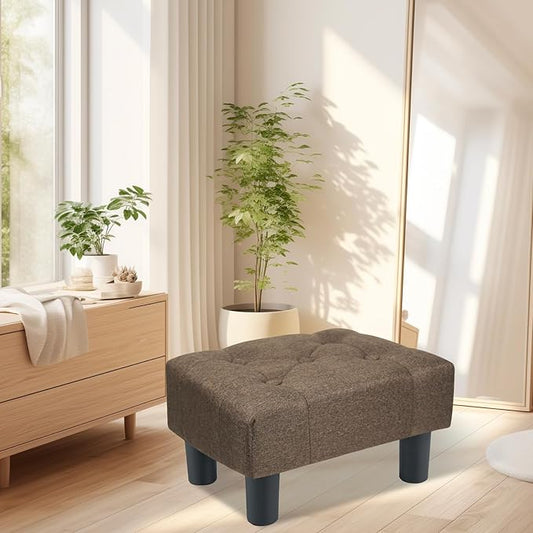 Poofzy Small Foot Stool Ottoman, Linen Ottoman Foot Rest with Legs, Rectangle Foot Rest for Couch, Footstools and Ottomans Small for Living Room and Entryway (Brown)