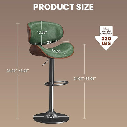 Bar Stools Set of 2, Bar Stools for Kitchen Island with Bentwood Back and Leather Seat, Green