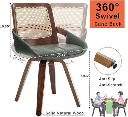 Set of 1 Swivel Rattan Dining Chair - Mid Century Modern Dining Chair with Bentwood Frame, Ergonomic Cane Back, Curved Arms, Faux Leather Swivel Chair for Kitchen/Restaurant (Walnut Green, Set of 1)