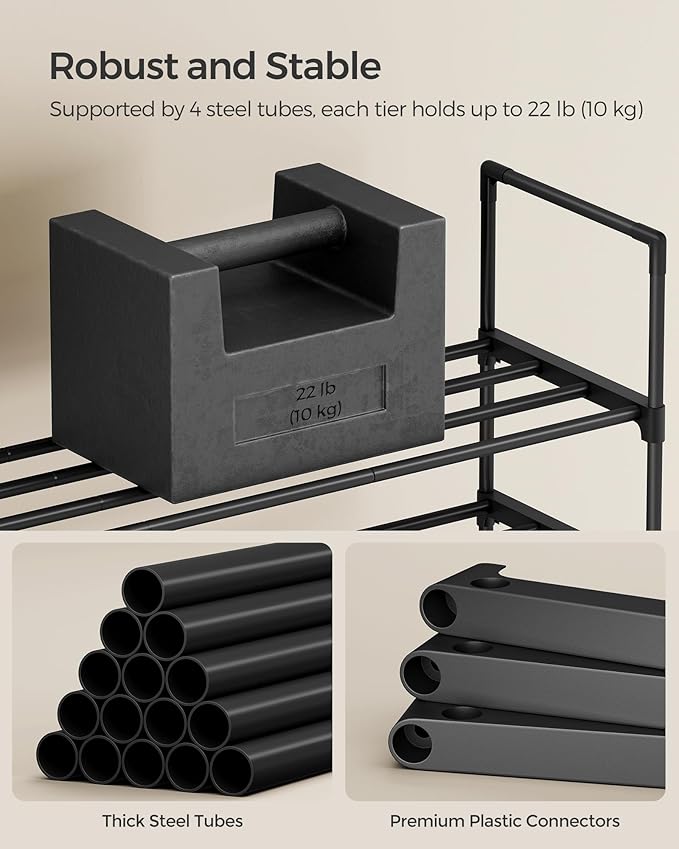 SONGMICS Shoe Rack, 2-Tier Shoe Organizer, Metal Storage Shelf, Upright or Upside Down, for 15-18 Pairs, Stackable, for Entryway, 11.8 x 46.1 x 13.4 Inches, Black ULSA032B01