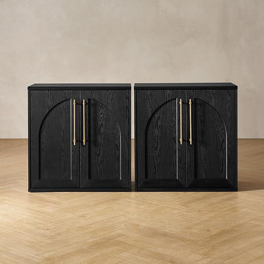 mopio Blake Storage Cabinet, Small Modular Accent Display Sideboard Buffet Cabinet with Storage, Media Console Credenza, for Kitchen, Coffee Bar, Pantry, Living Room (Black Oak Arched, Set of 2)