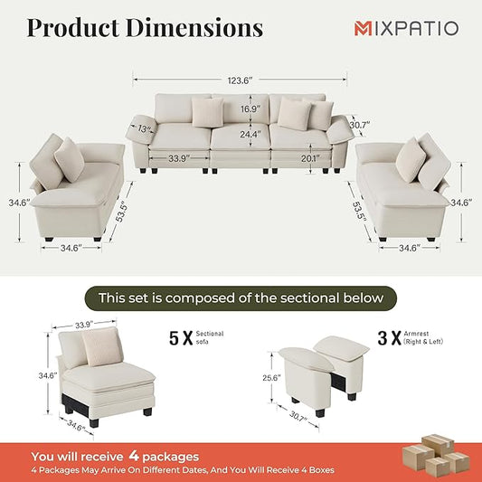 Cloud Couch Sectional Sofa Set, Plush 24.4-Inch Deep 5-Seat Sectional with Velvety Chenille & Removable Arms for Living Room and Apartment, Beige