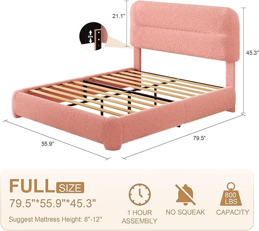 Full Size Cloud Bed Frame, Upholstered Boucle Platform Bed with Adjustable Headboard, Anti-Collision Soft Rounded Corners, Noise Free, Easy Assembly, Pink