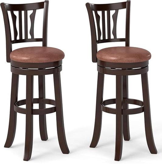 COSTWAY 30" Bar Height Stools Set of 2, Swivel High-Top Chairs with Backrest & Faux Leather Padded Seat, Rubber Wood Counter Barstools with Footrest for Kitchen Islands, Dining Room, Pub (2,30'')
