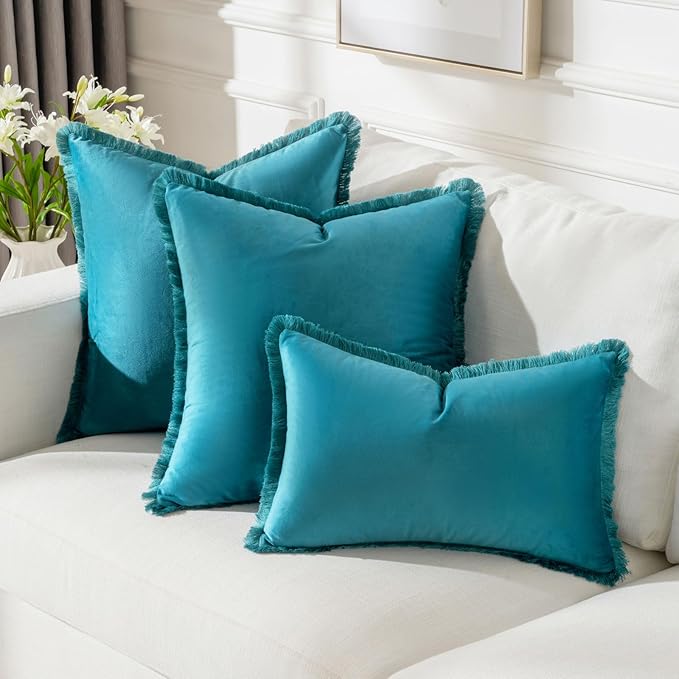 FUTEI Teal Velvet Decorative Throw Pillow Covers 26x26 Set of 2,Soft Cozy Edge with Tassels Euro Pillow Shams,Boho Modern Home Decor for Couch Bed Living Room