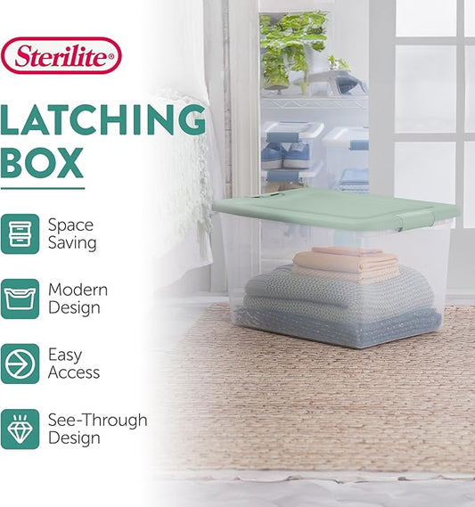 Sterilite 6 Pack Latching Box, Clear Plastic Stackable Storage Bin with Lid, 64 Quart, Mindful Mint