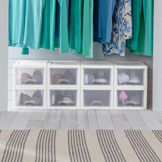 Sterilite 18-Pack Stacking Drawers, Clear Storage Closet Organizer, White Frame, 6 Quart