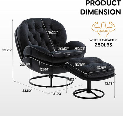 360° Swivel Modern Velvet Accent Chair with Ottoman | Mid-Century Button Tufted Lounge Chair for Living Room & Bedroom, Black