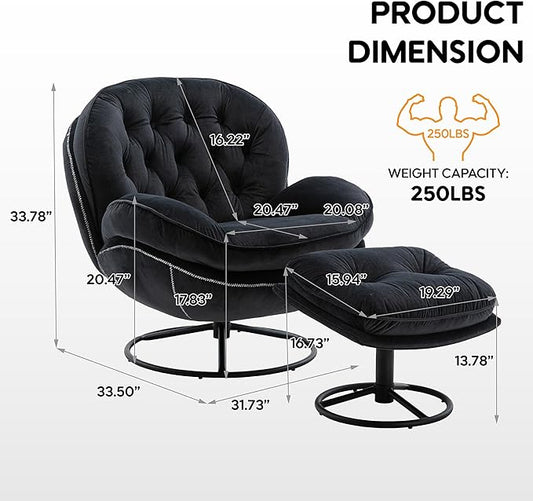360° Swivel Modern Velvet Accent Chair with Ottoman | Mid-Century Button Tufted Lounge Chair for Living Room & Bedroom, Black