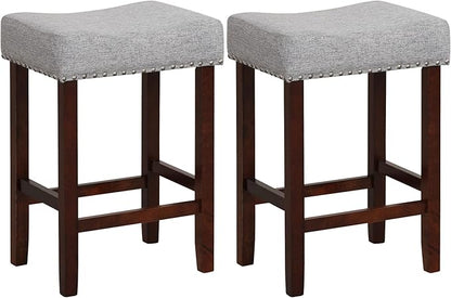 COSTWAY Counter Height Bar Stools Set of 4, 25-inch Backless Saddle Stools with Nailhead Trim, Rubber Wood Frame, Footrest, Max Load 330 Lbs, Upholstered Barstools for Kitchen Island Pub, Grey