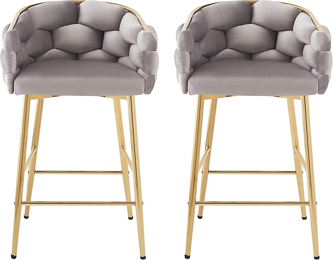 Christopher Knight Home Barrel Counter Stools,Velvet Counter Height Barstools, Modern Luxury Makeup Stool Upholstered Chairs with Gold Legs(Set of 2),Gray
