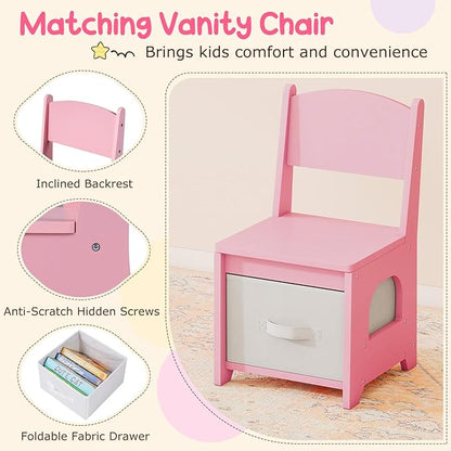 Costzon Kids Vanity, Girls Vanity Set with Lighted Mirror, Bookshelf, Drawers, Hooks & Storage Shelves, Toddler Makeup Vanity Desk Dressing Table, Wooden Kids Vanity Table and Chair Set (Pink)