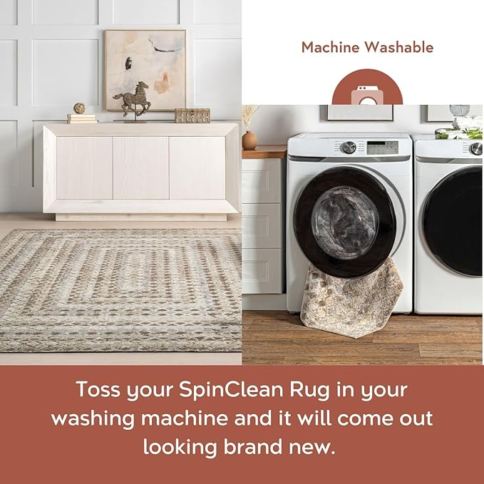 nuLOOM Carley Machine Washable Geometric Area Rug - 6 Round Machine Washable Area Rug Farmhouse Beige/Ivory Rugs for Living Room Bedroom Dining Room Kitchen