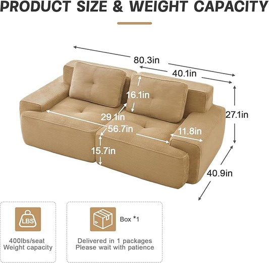 80.3” Camel Boneless Couches for Living Room, Modular Sectional Sofa, 2 Seater Comfy Upholstered Loveseat Deep Seat Corduroy Fabric Cloud Couch No Assembly, Anti-Slip Design