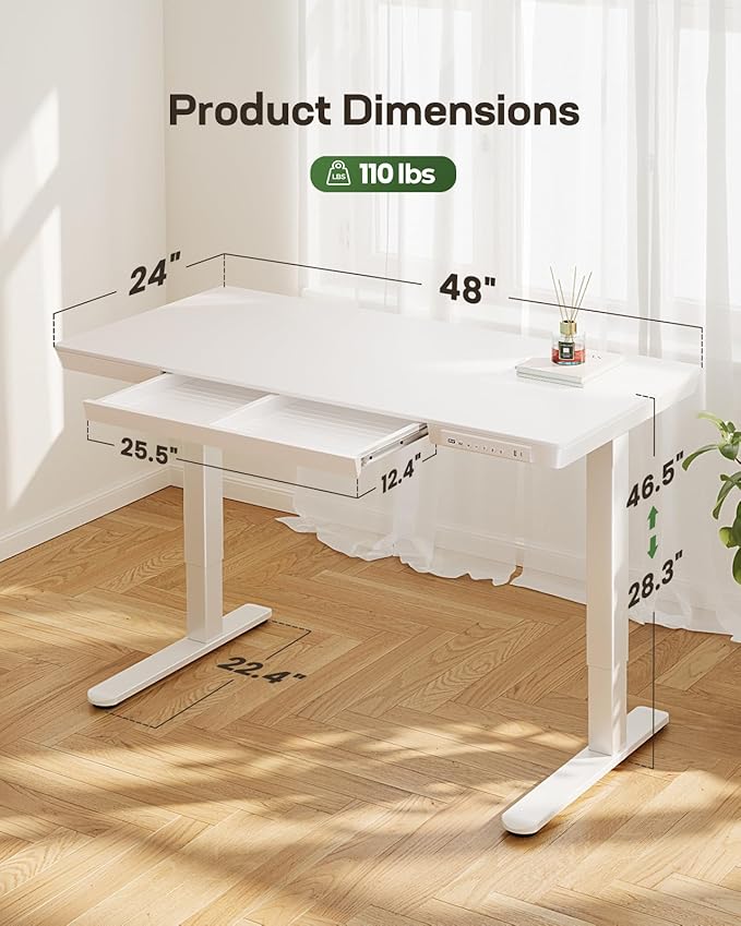 Marsail Standing Desk with Drawer, 48 x 24 inch Whole Piece Tabletop Electric Standing Desk, Height Adjustable Desk with USB Charging Ports, Sit Stand Desk with Storage for Home & Office White