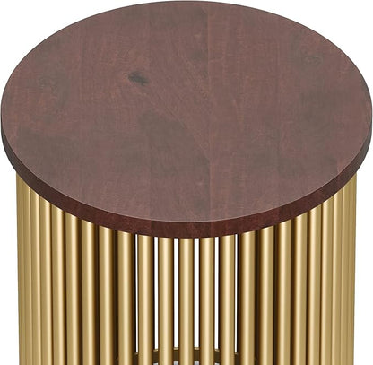 SIMPLIHOME Demy 18-inch Wide Metal and Solid Mango Accent Table in Cognac/Gold, Round Side Table with Mango Wood Top for Living Room or Bedroom, Industrial Style, Assembled