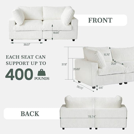 Modular Sectional Sofa, 78.74" Oversized Loveseat Sofa, Deep Seat Cloud Couch, 2 Seat Comfy Modular Sofa Couches for Living Room, Plush Couch Cushion Covers Removable, Beige