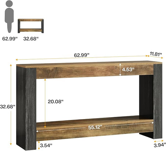 Tribesigns 63-Inch Long Console Table for Entryway, Farmhouse Wood Sofa Table Behind Couch for Living Room, Hallway, Entrance, Foyer, Rustic Brown & Black