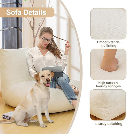Bean Bag Chairs for Adults, Memory Foam Bean Bag Chair, Ergonomic Support Reading Floor Sofa Chair with Filler, Comfy Cozy Beanbag Couch for Bedroom Living Room （Beige Upgrade Sponge）
