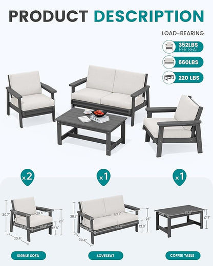 SERWALL HDPE Outdoor Furniture Set 4, All Weather Wood-Like Outdoor Sofa Sectional Couch, Grey Patio Furniture Set with Khaki Cushions