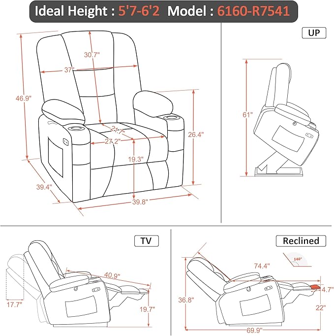 MCombo Oversized Power Lift Recliner Chair with Massage and Heat for Big and Tall Elderly People, Cup Holders, USB Ports, Side Pockets, Faux Leather R7541 (Dark Brown, Large-Oversize)