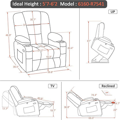 MCombo Oversized Power Lift Recliner Chair with Massage and Heat for Big and Tall Elderly People, Cup Holders, USB Ports, Side Pockets, Faux Leather R7541 (Dark Brown, Large-Oversize)