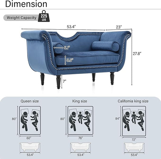 Christopher Knight Home Aurora Velvet Chaise Lounge Indoor with 2 Bolster Pillows, Upholstery Entryway Bench with Nailhead Trim & Curved Arms, End of Bed Bench Ottoman and Wooden Legs, Dark Blue
